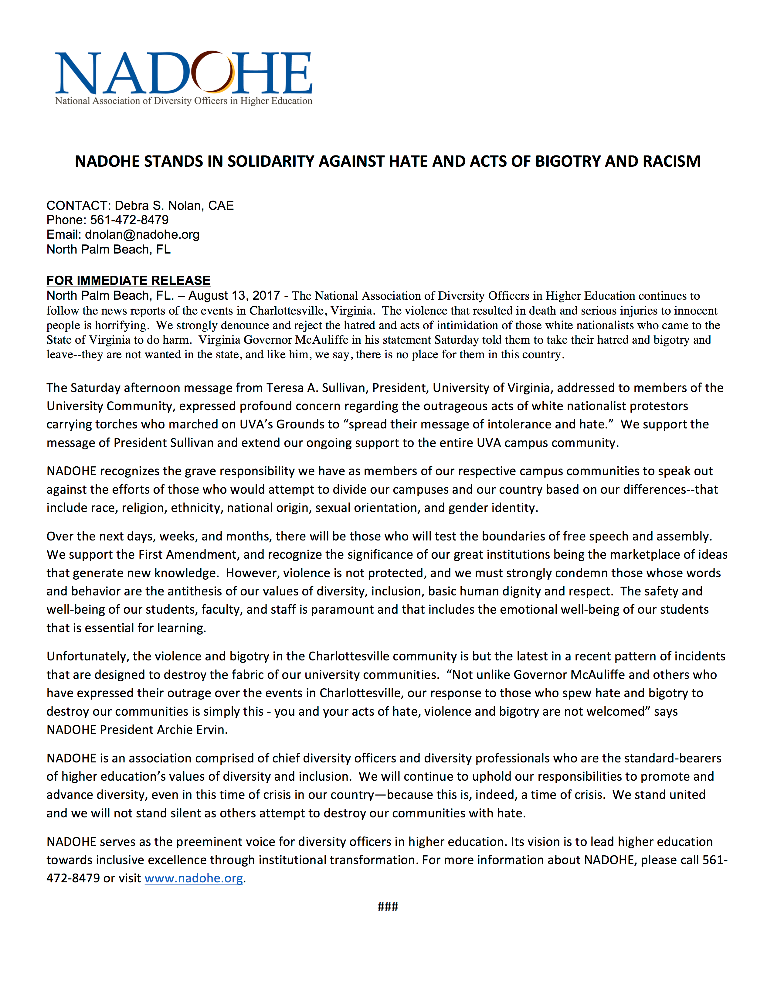NADOHE statement against hate and acts of bigotry and racism